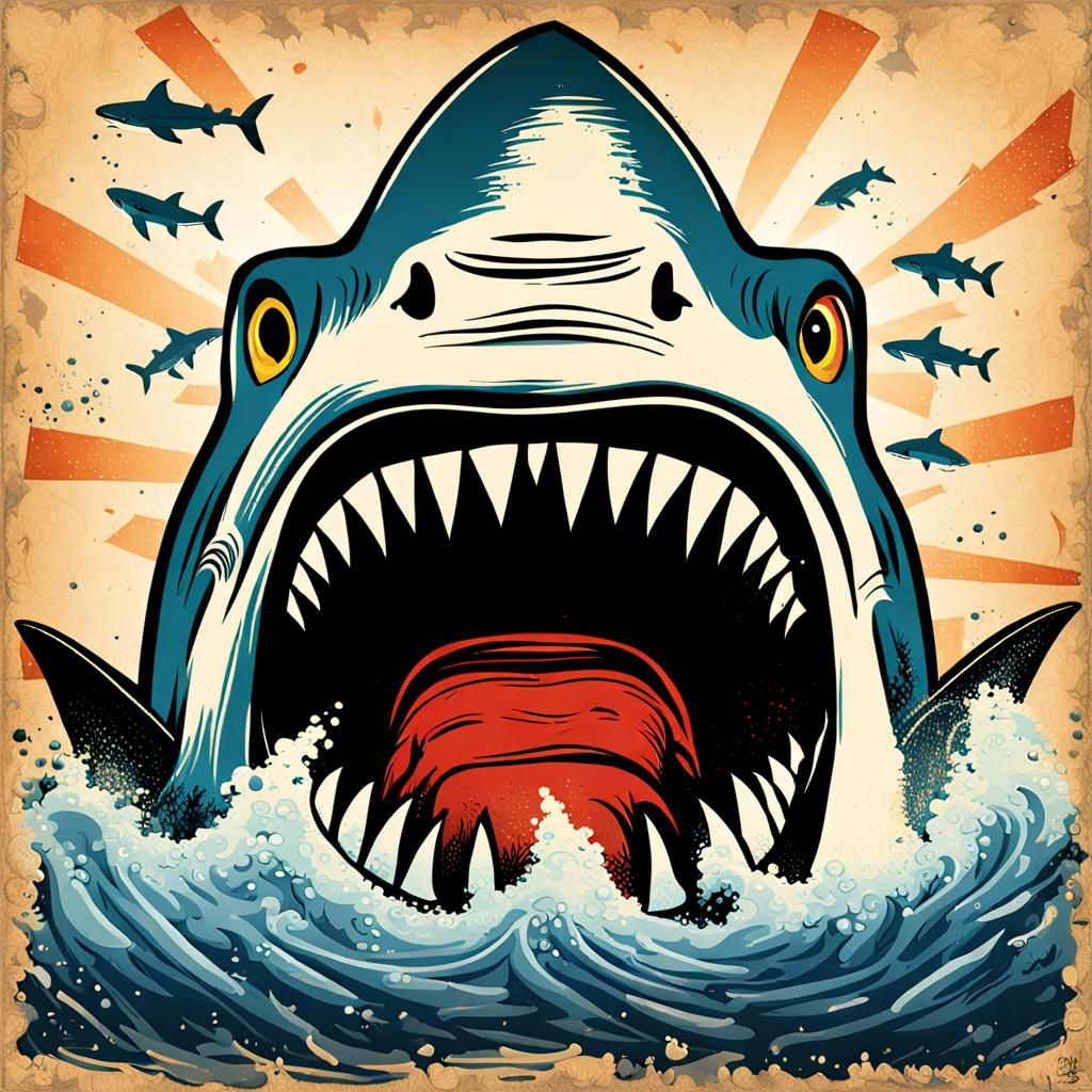 "Jews™"  jaws parody poster design depicting a giant Jewish ...