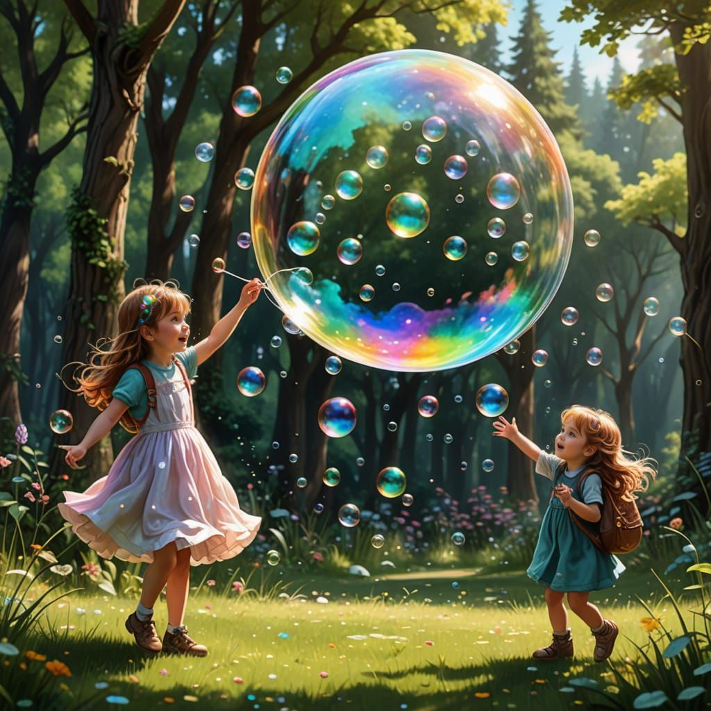 Two girls playing with soap bubbles. Soap bubbles in a giant soap bubble. .