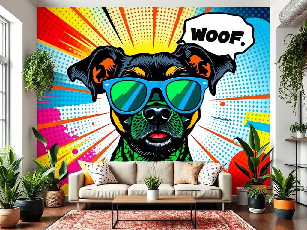 A pop art mural portrait of a dog in an urban jungle style interior.  by @AuntClaudia