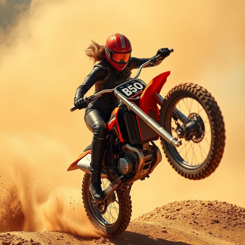 Female Biker Executes Daring Aerial Flip in a Golden Light