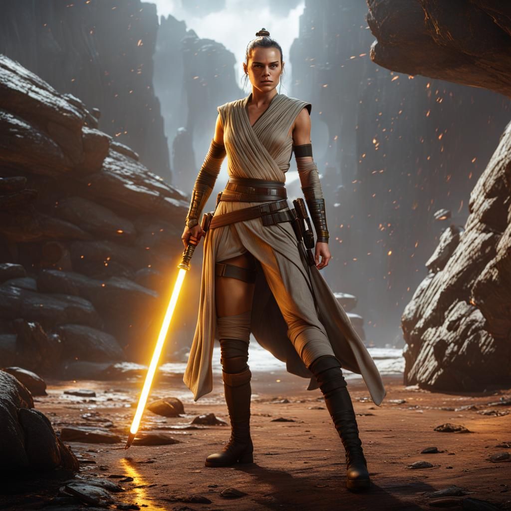 Rey from STAR WARS showing thighs holding double blade yellow lightsaber  wearing black boots - AI Generated Artwork - NightCafe Creator