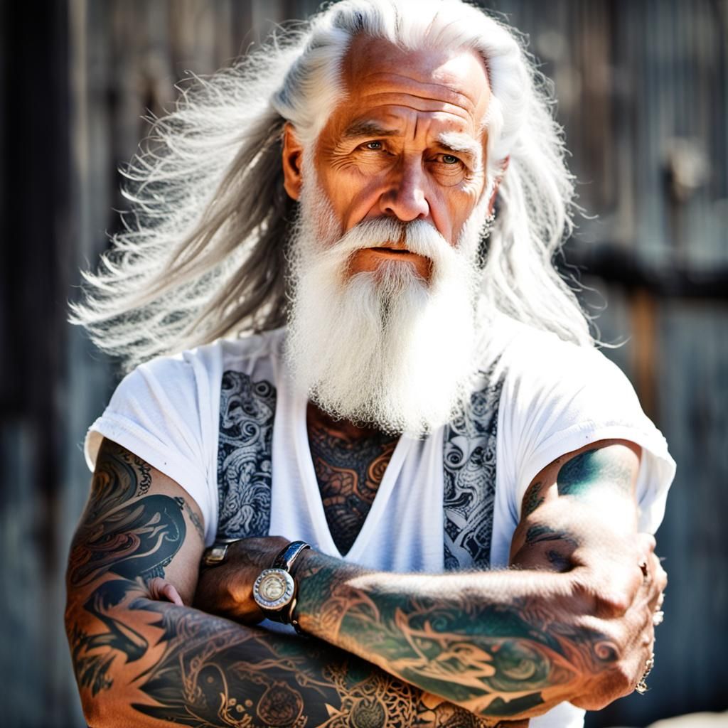 A heavily tattooed older man