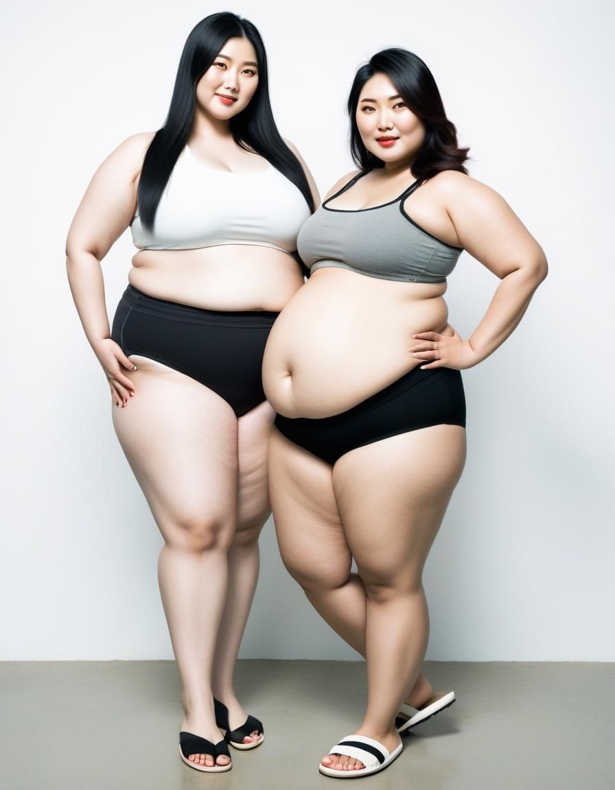 2 asian women in image, 1 tall woman touching her friend. friend is  extremely fat with fat belly, long black... - AI Generated Artwork -  NightCafe Creator