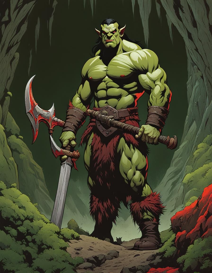 extremely muscular, rugged male orc barbarian, with orc tusk...