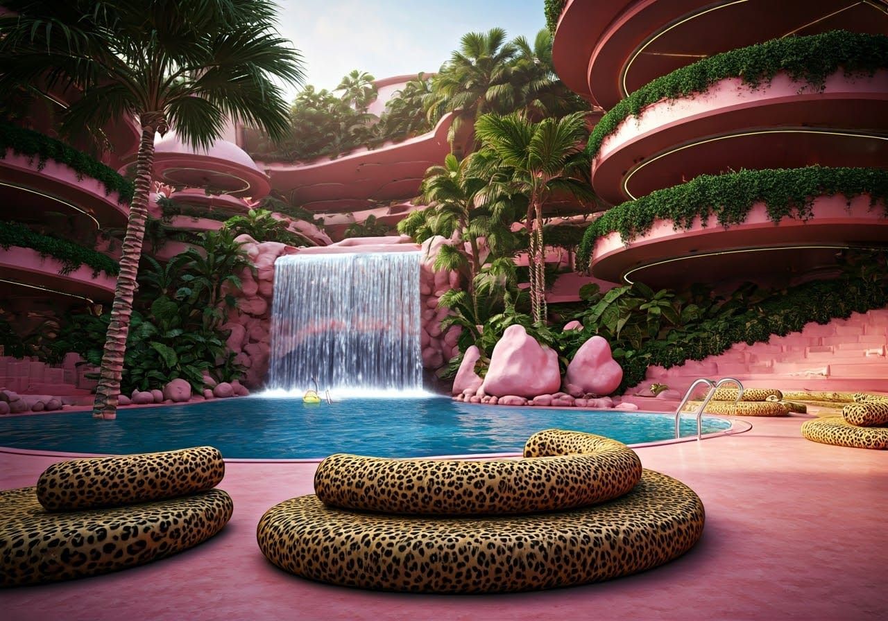 Pink and raisin coloured modern architecture space Age styled combined with boho chic styled chic court with scenographic waterfalls and swi...