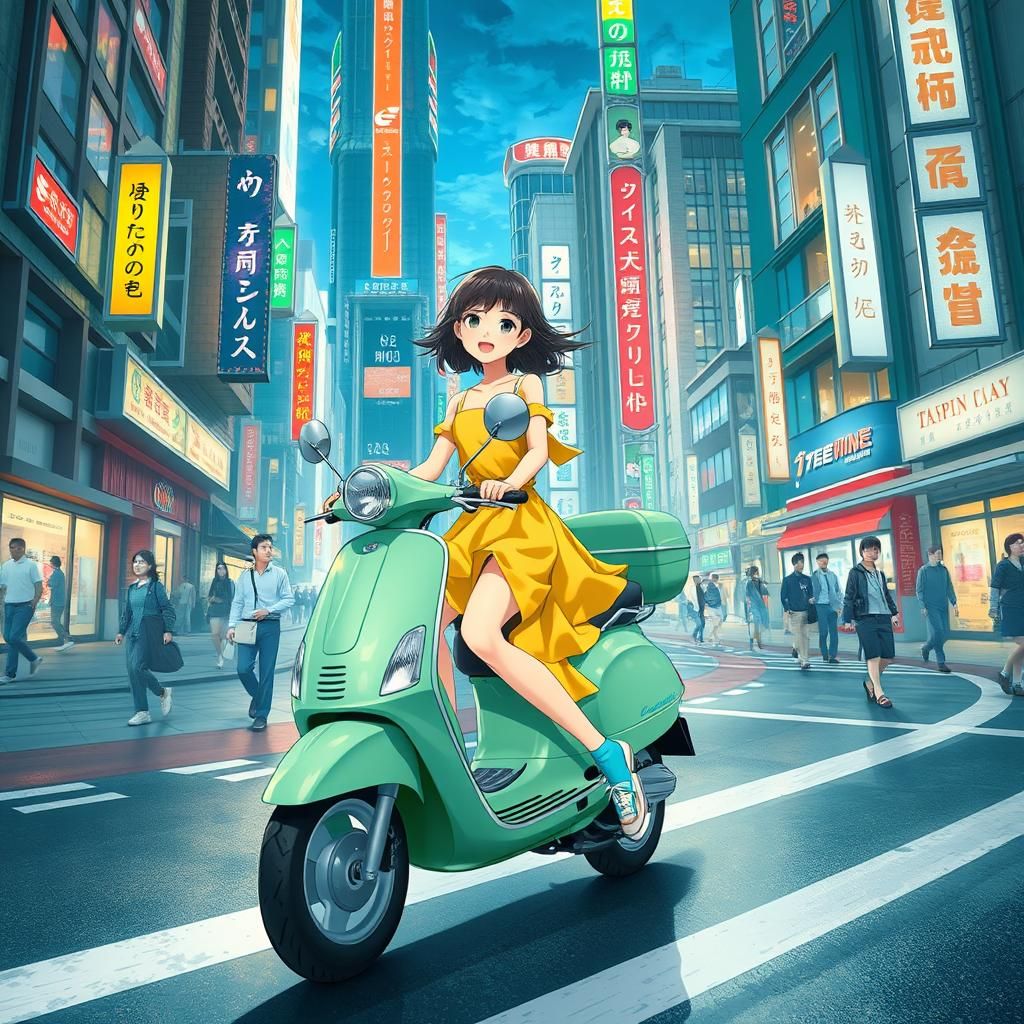Girl on Scooter in Tokyo, Anime Style