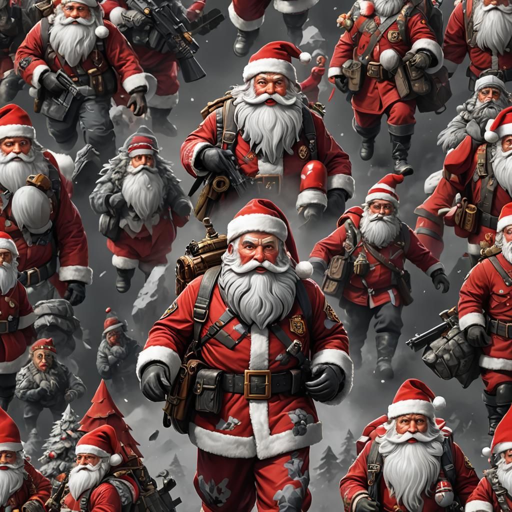 Santa Claus in a red, gray, and white camouflage uniform. Sa...