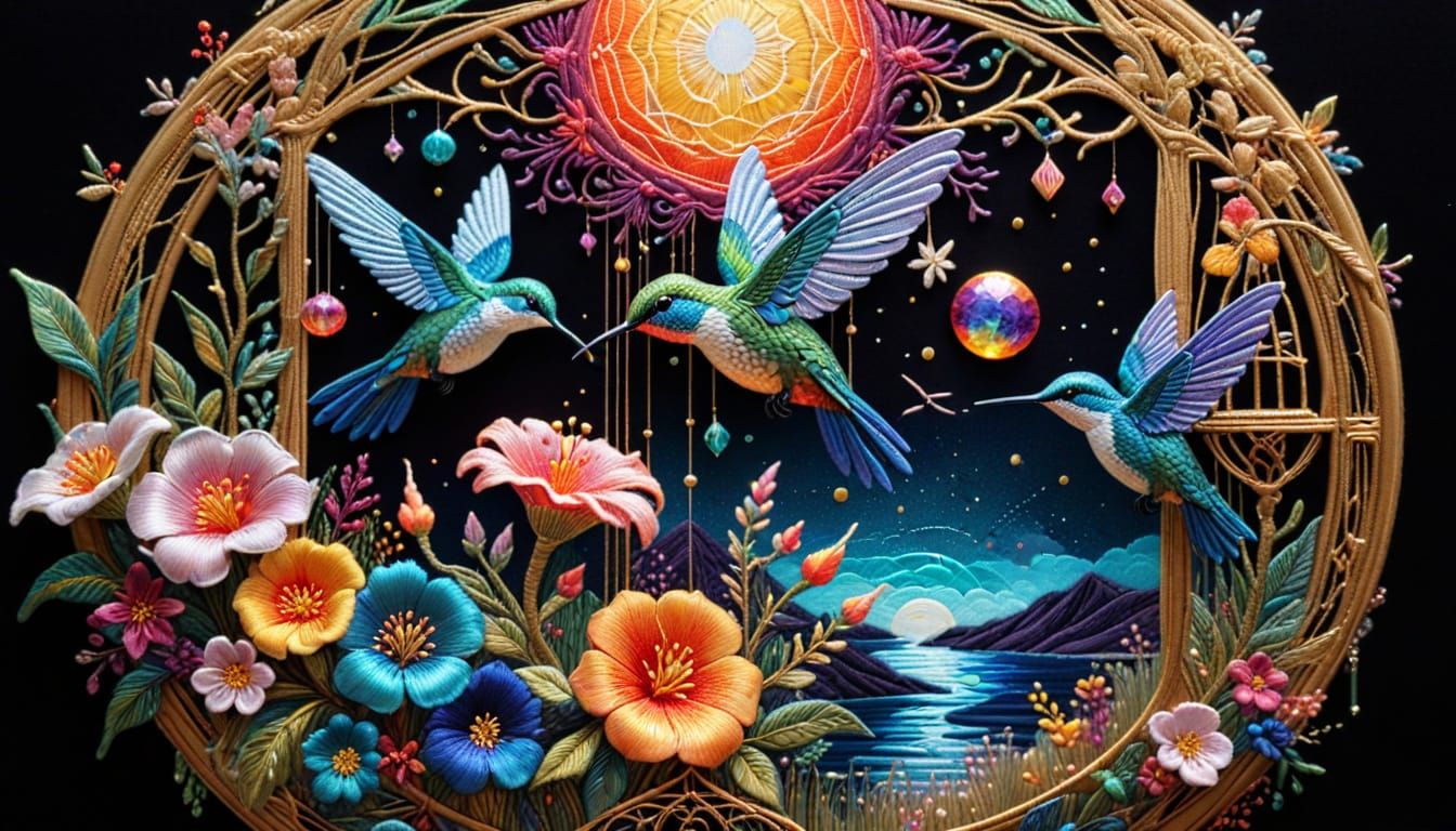 Hummingbirds in Golden Art Nouveau Doors Embroidery Art