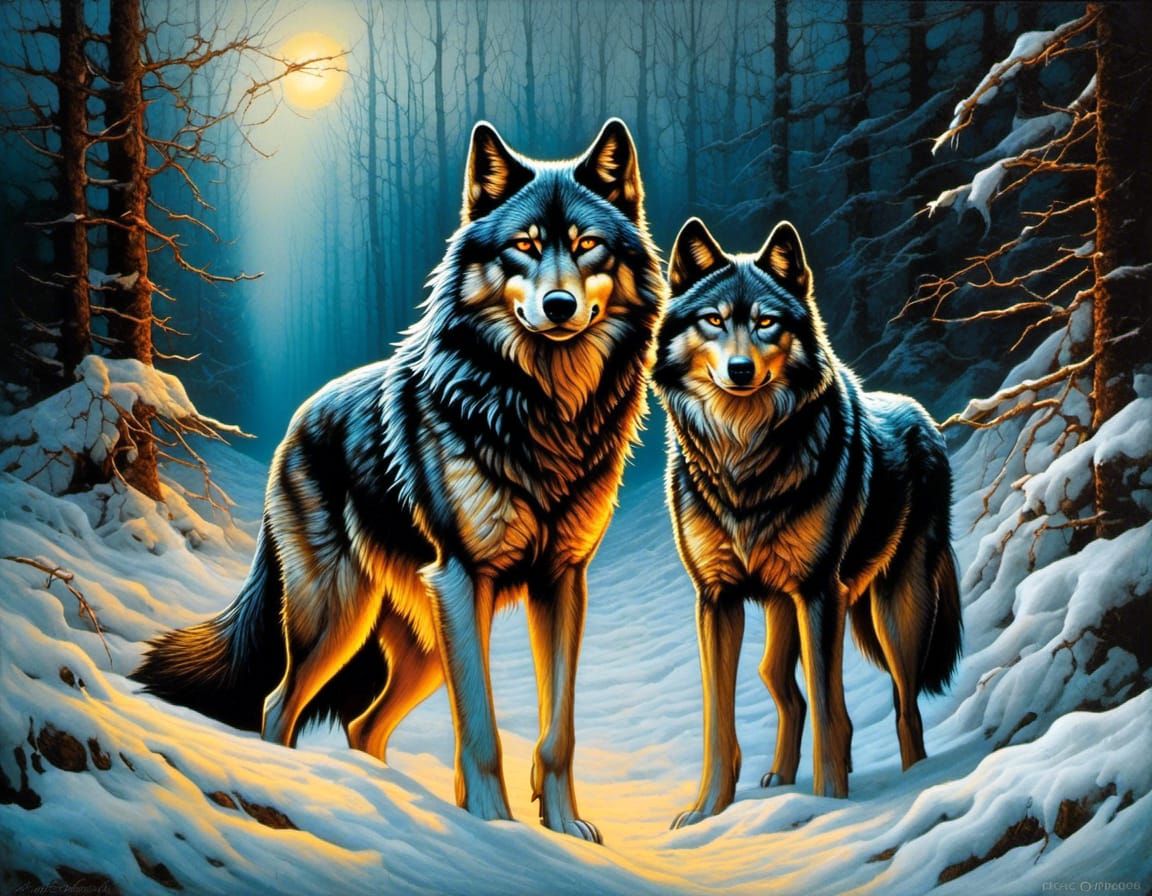 <lora:pulpc:1.0> a painting of two Wolves, by Esao Andrews, ...