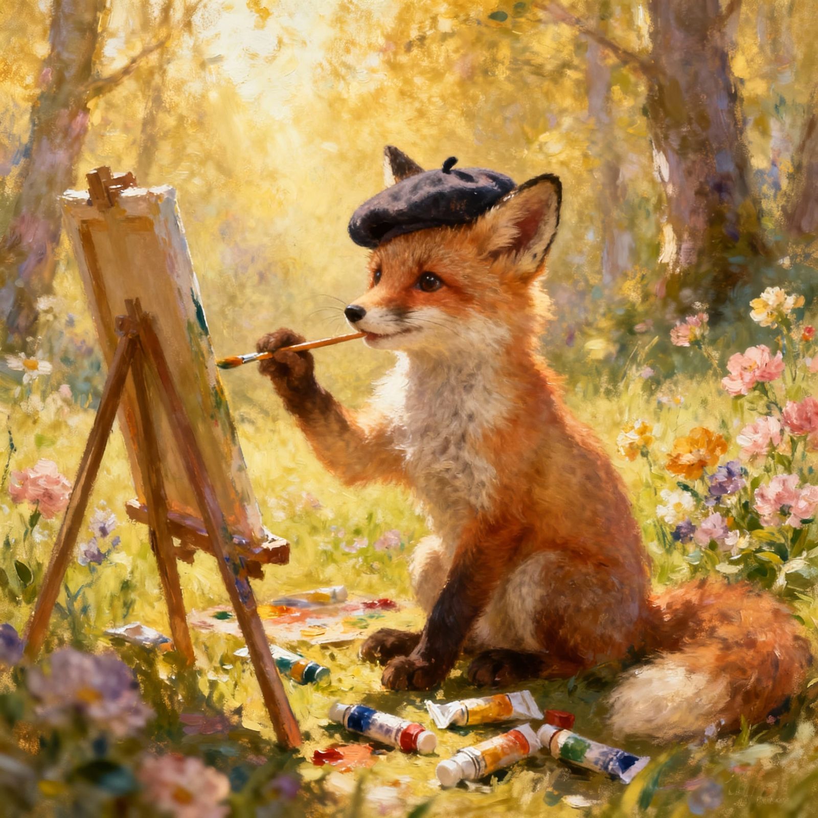 A hyper-detailed painting of a small baby fox wearing a tiny artist’s beret, sitting in front of an easel ...  by @Horse-T