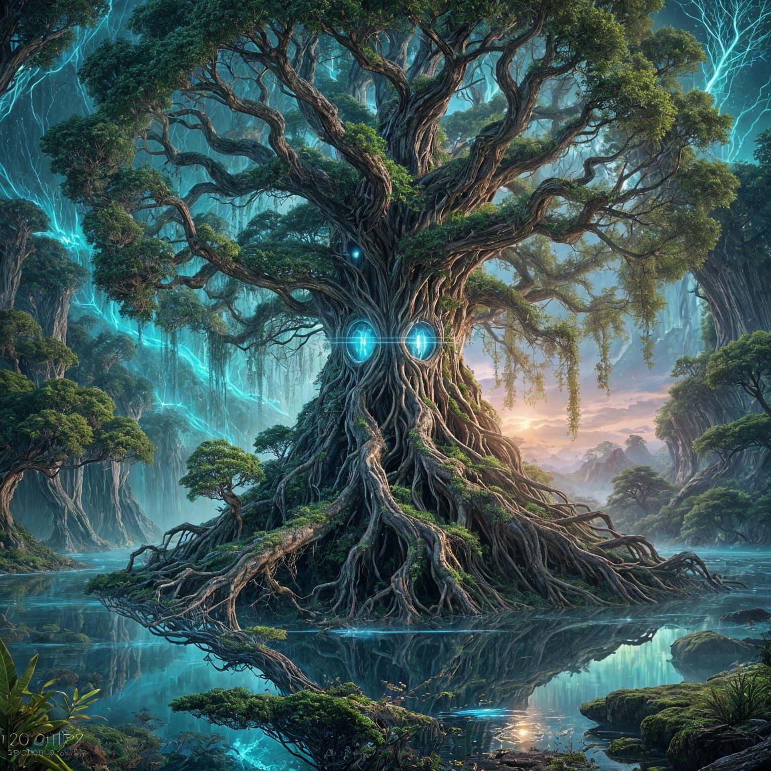 Photograph.A colossal, ancient tree with bioluminescent roots that form intricate portal , growing on a floating island. Ethereal beings gat...