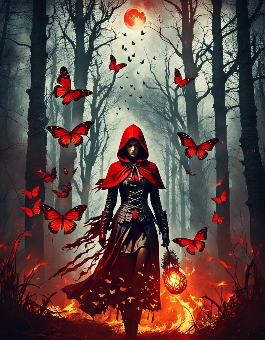 Macabre Forest: Red Hood Girl and Flame Butterflies