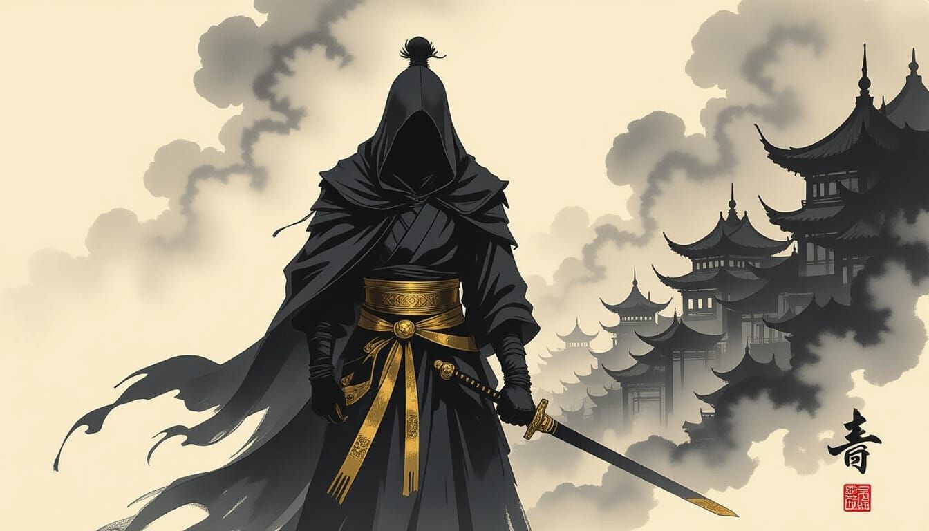 Figure Clutching Golden Belt in Dark Ink Wash Style