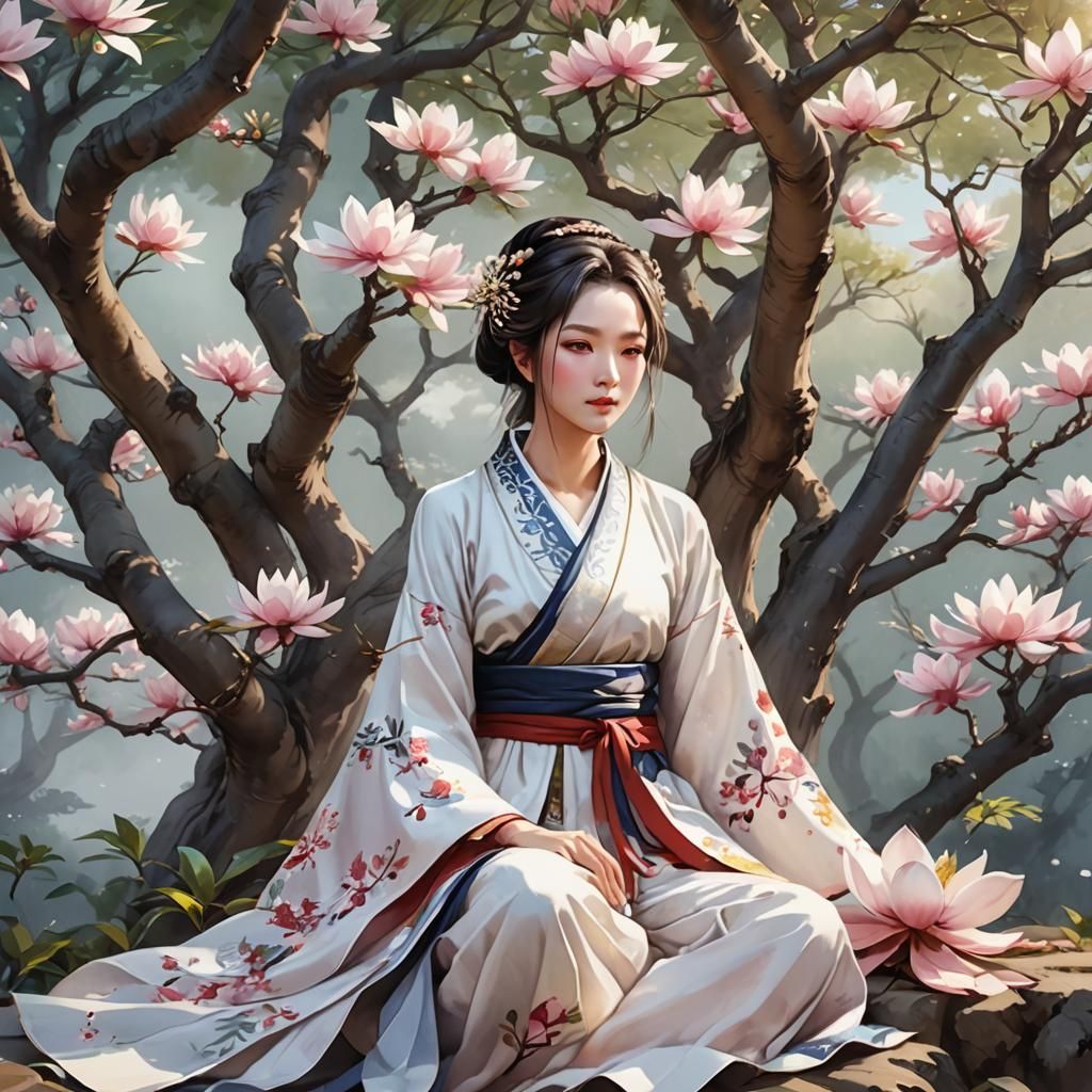 lady in hanfu sitting next to a magnolia tree, watercolor  by @Anna K
