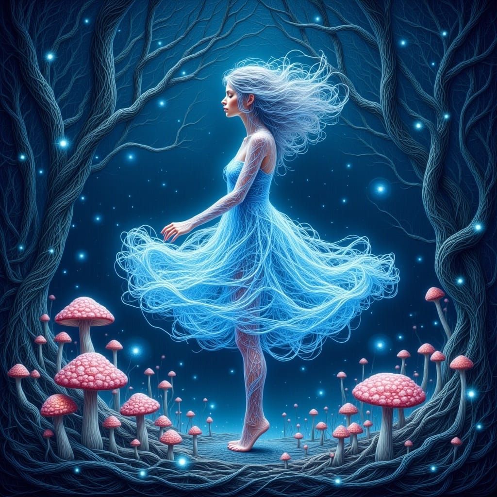 <lora:tangled style Fx:1.0> "Hologram of a tiny barefoot fairy with a dress and light blue hair dancing, transparent, neon outline, Chris Le...