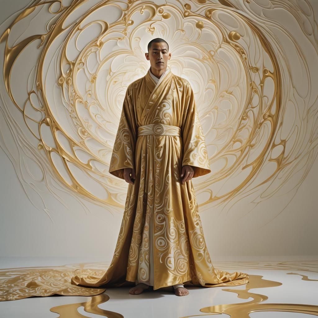 Surreal Monk in Golden Robe, Dreamlike Art