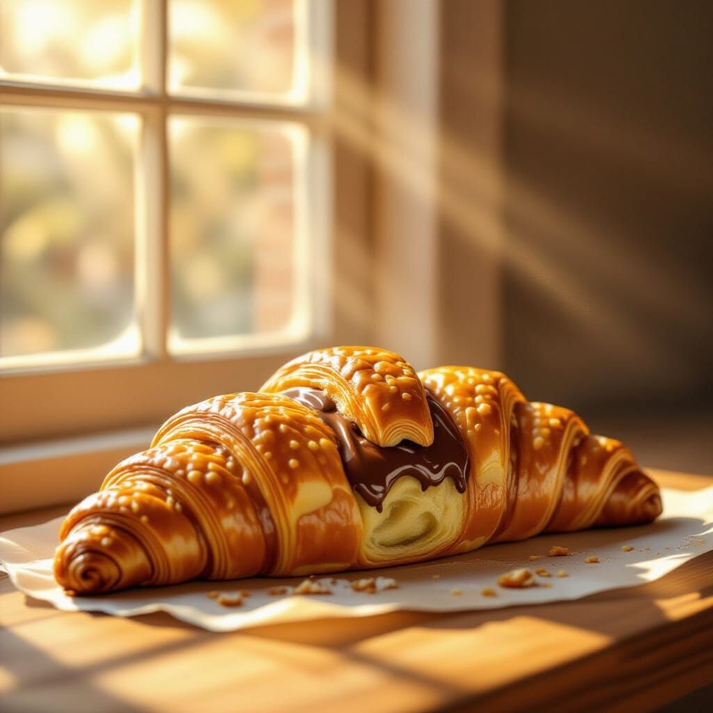 Golden Croissants with Chocolate: Hyperrealistic Digital Pai...