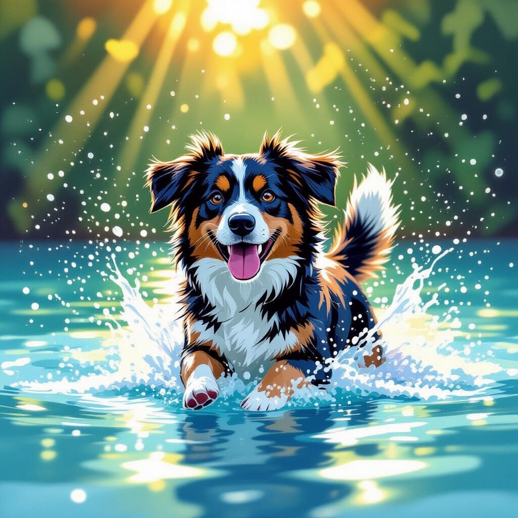 Playful Dog Splashing in Sunlight: Digital Art