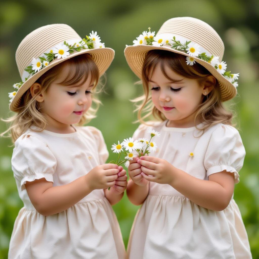 Two Babies Picking Flowers in a Field