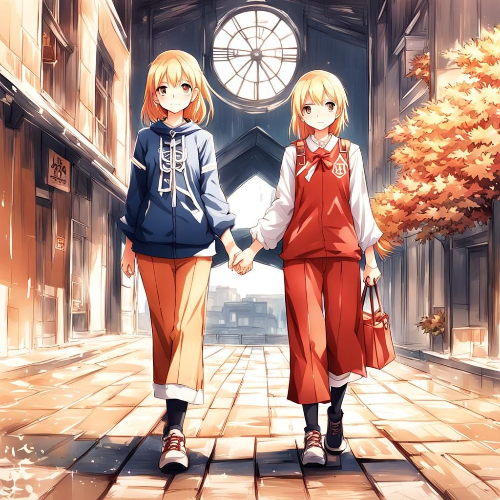 A blonde girl holding hands with an auburn girl