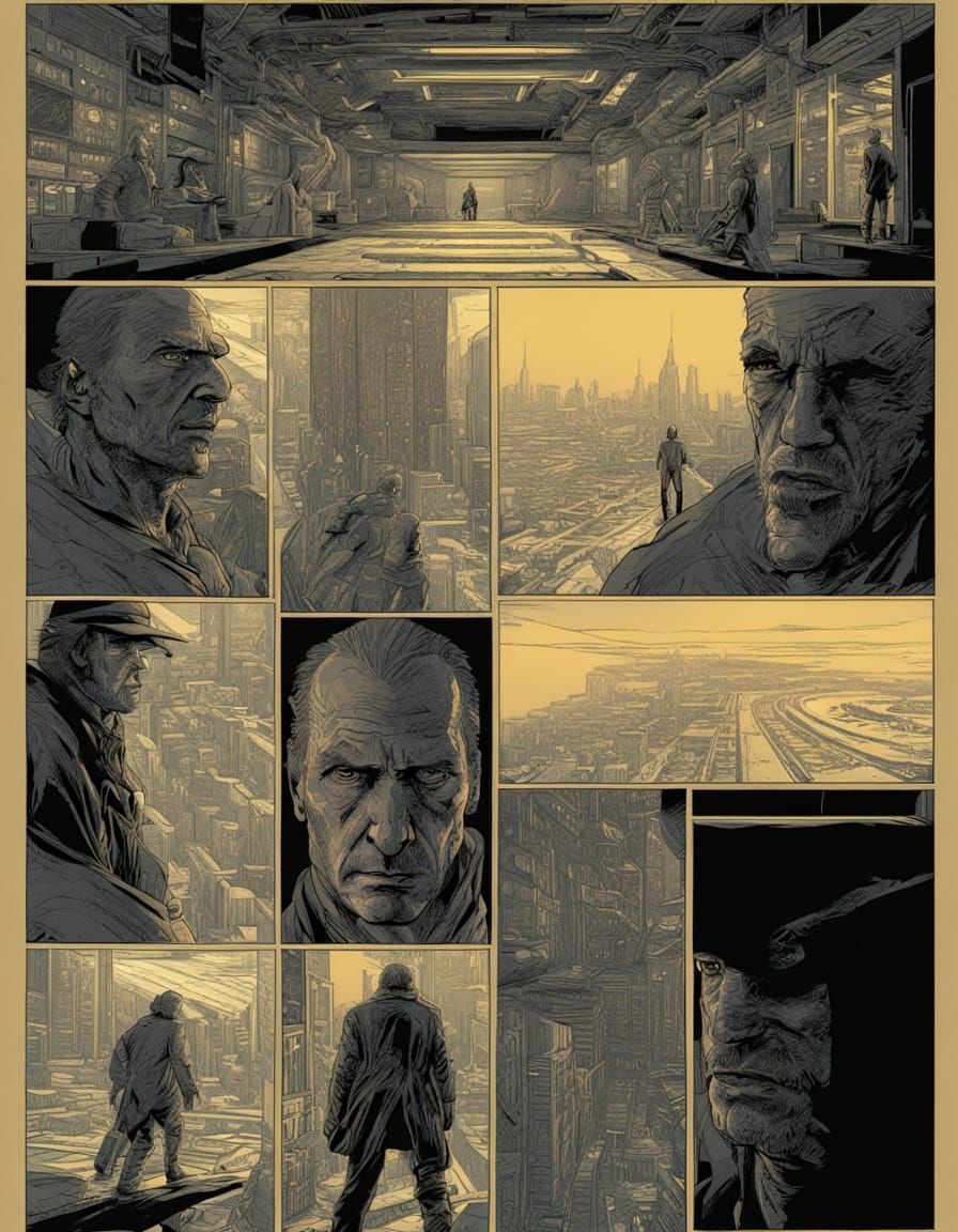 After Blade Runner , Perpendicular runner. Detailed comics storyboard page a retrofuturistic cyberpunk Perpendicular runner.  Rendered in th...