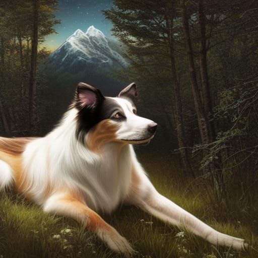 A hyper realistic photo of a border collie in the woods, the...