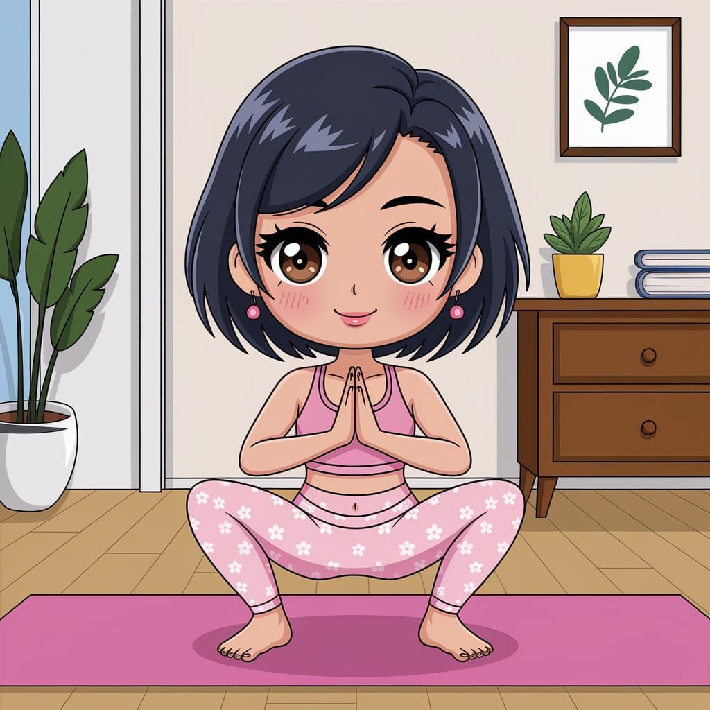 Anime Chibi Woman in Yoga Pose Amidst Sakura Bloom