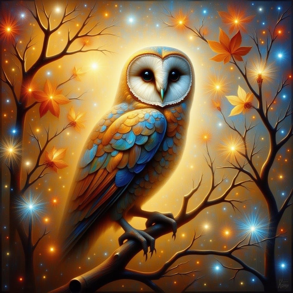  <lora:Luminist Flux:1.0> oil painting with metal leafing, a beautiful owl in autumn, luminist style 