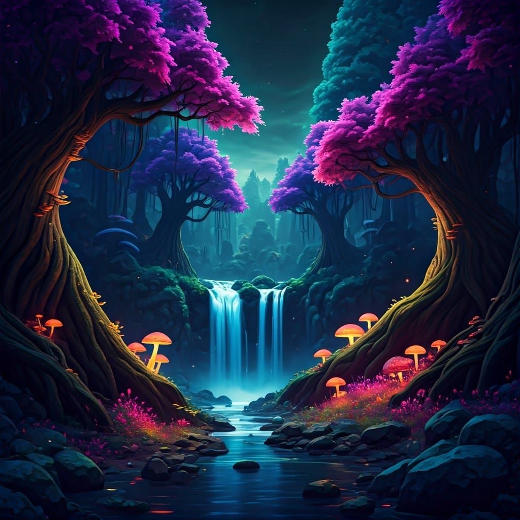 Mystical Glowing Forest at Night: Fantasy Concept Art