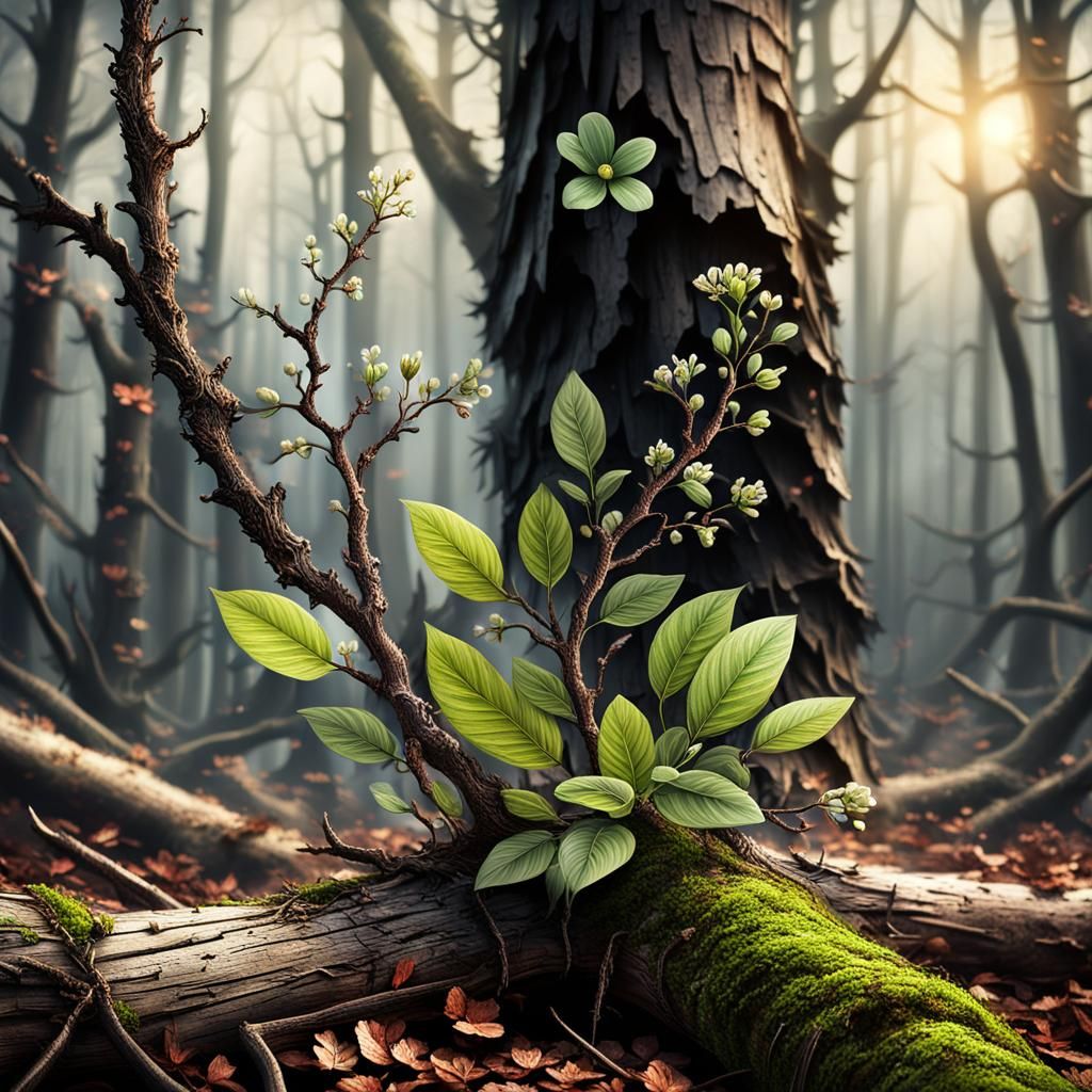 Small new leaves and a tiny flower bud growing on a branch o...