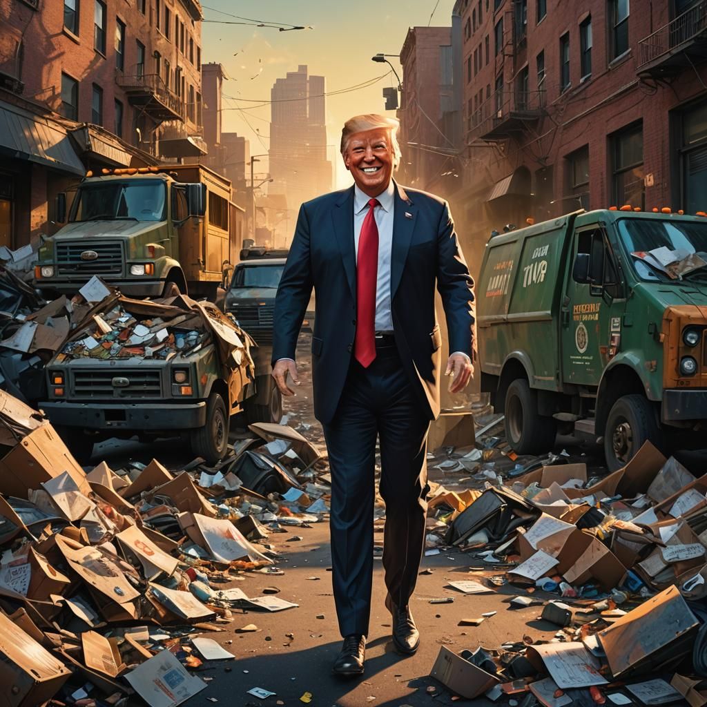 Triumphant Figure Emerges from Garbage Truck: Surreal Art