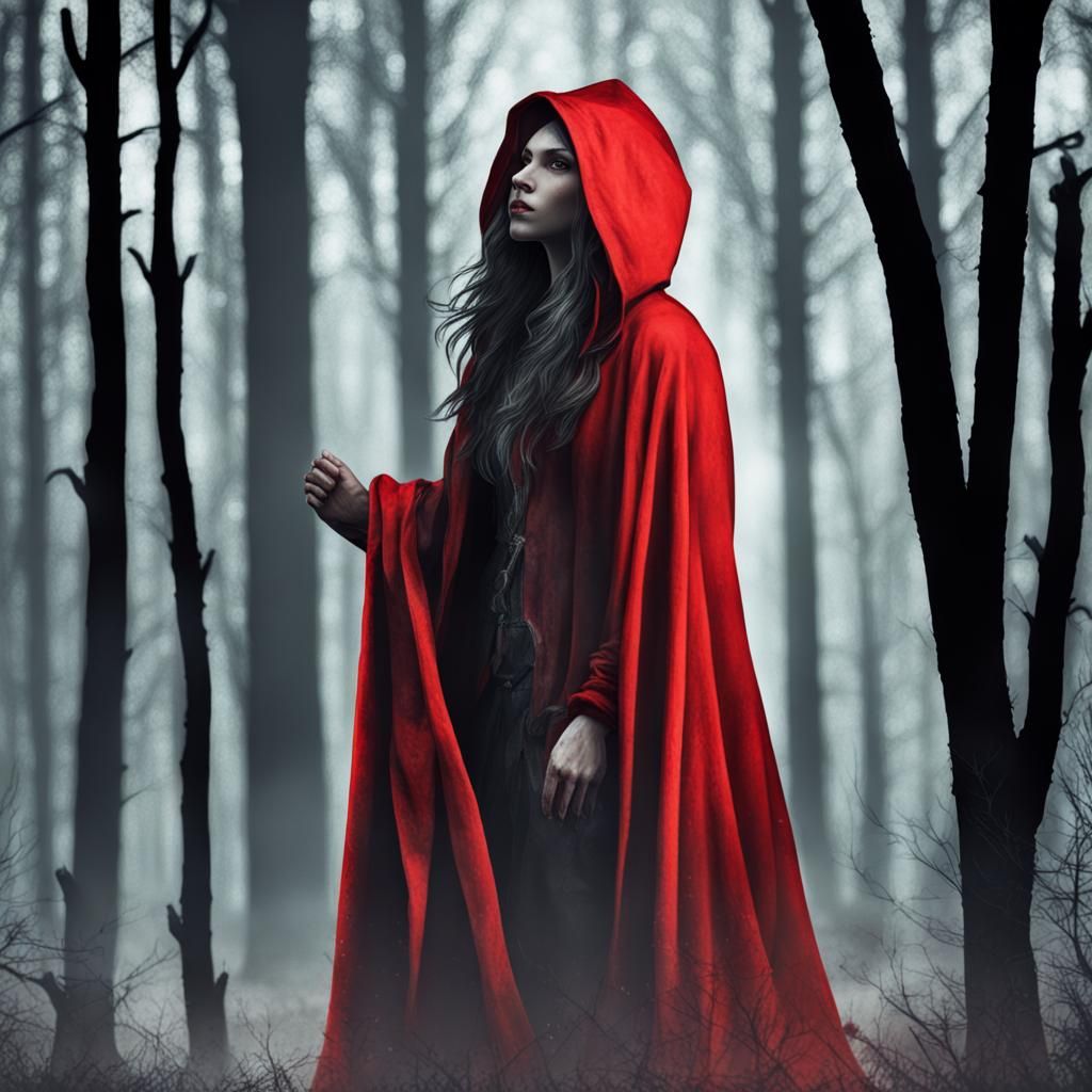 female werewolf wearing a red hooded cloak in the woods - AI Generated ...