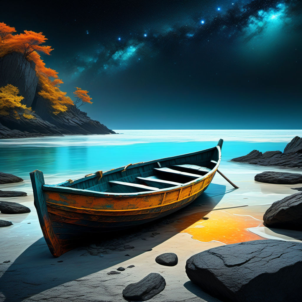 A old abandon wreaked rowboat crushed from a rock on the rocky beach #5