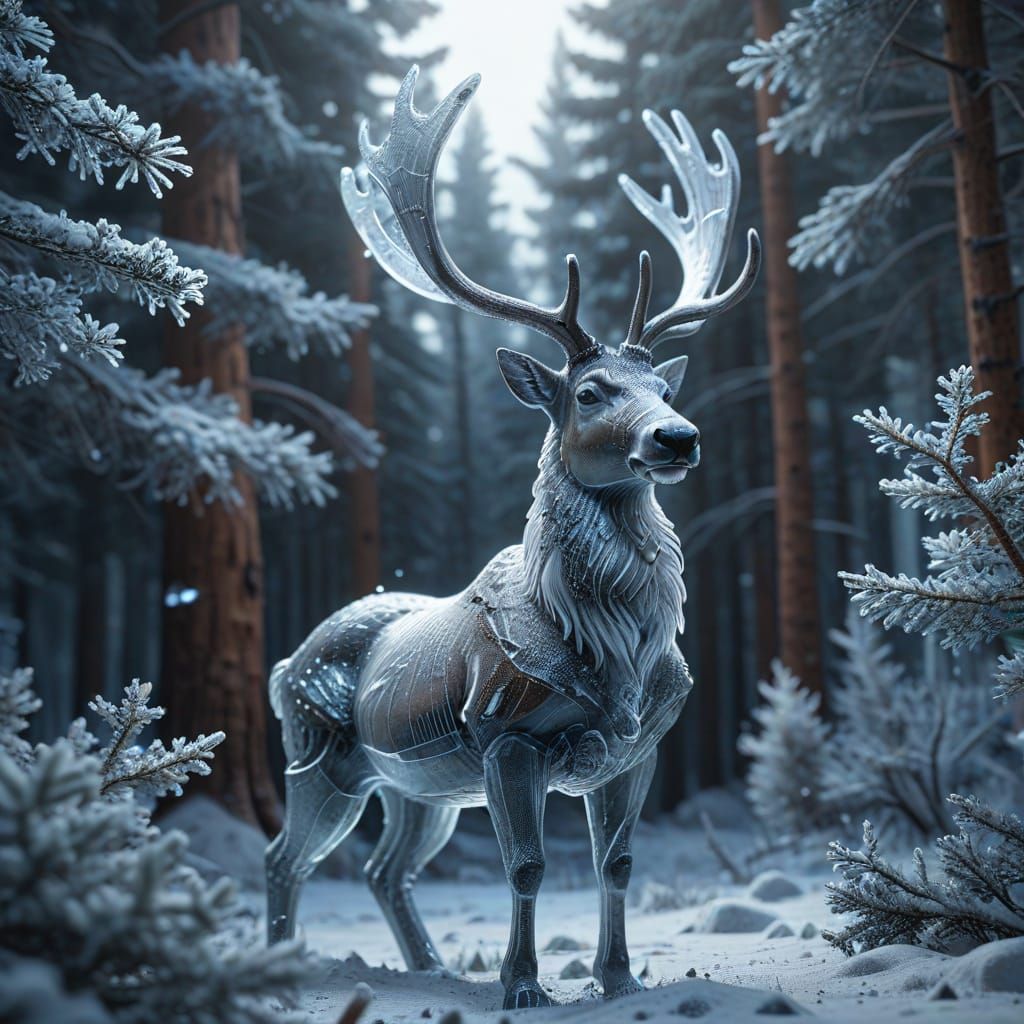 Ice Reindeer Statue in Snowy Winter Landscape