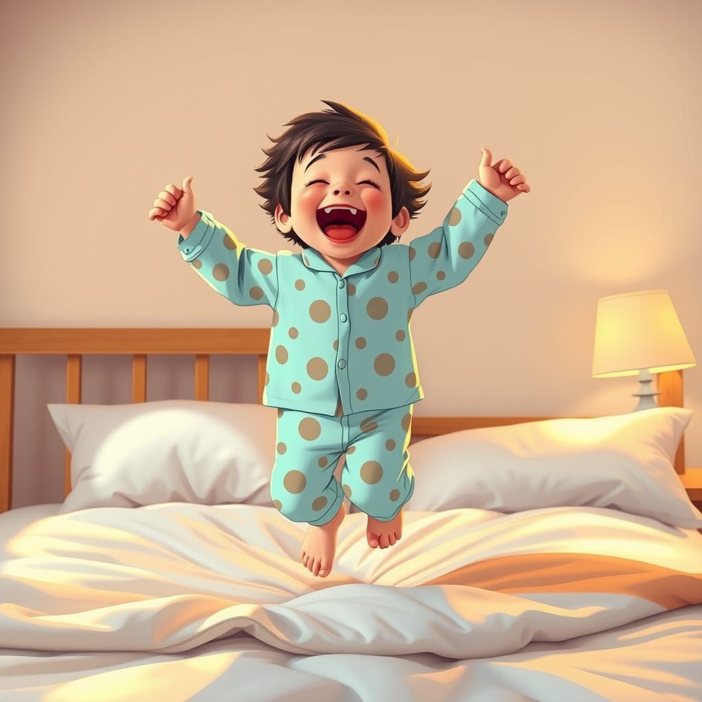 Joyful Child in Patterned Pajamas Jumps on Bed