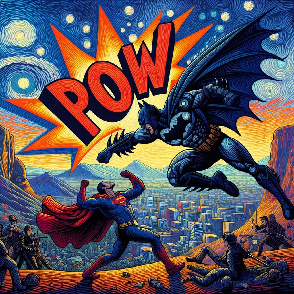 detailed glossy comic page depicting batman punching superma...