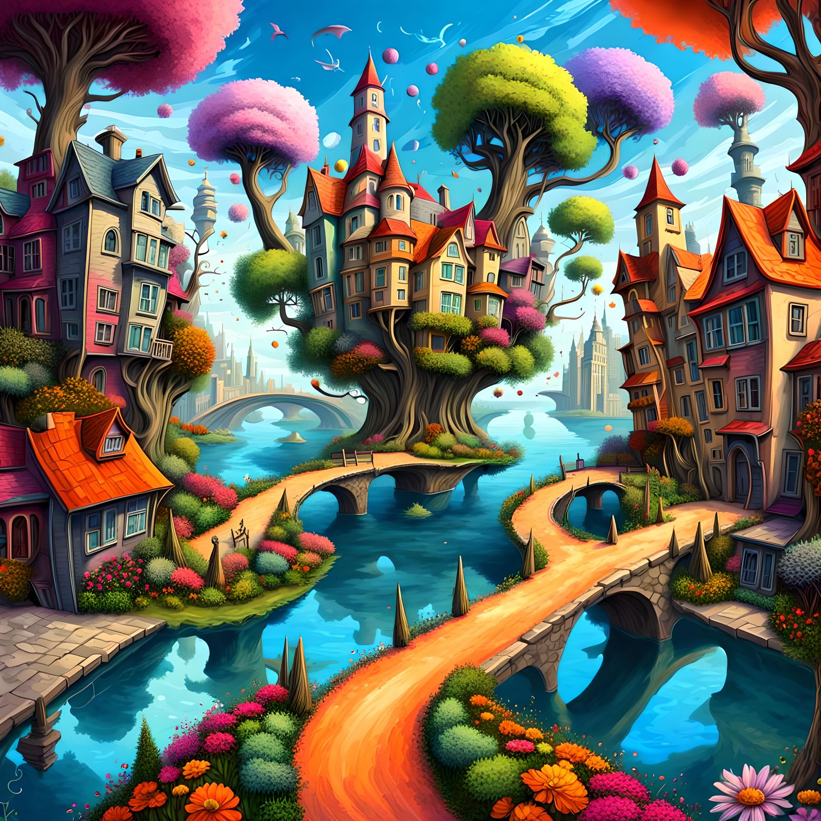 Colorful crazy wacky Fantasy scene, Distorted unbalanced rea...