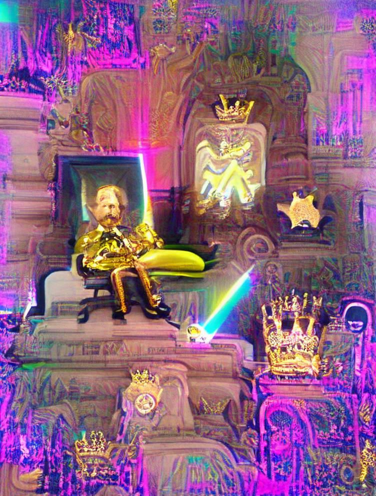 Kaiser Wilhelm II in a golden uniform on a golden throne wit...