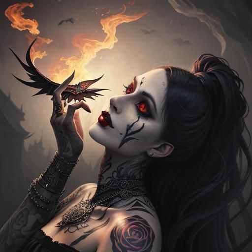 A portrait of a woman, envisioned as a tattooed vampire magi...