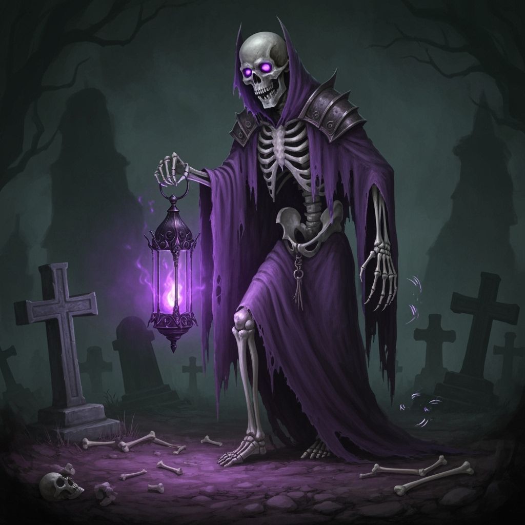 A towering skeleton, its bones draped in tattered violet robes that flutter with the weight of forgotten souls. A cold, eerie purple flame b...