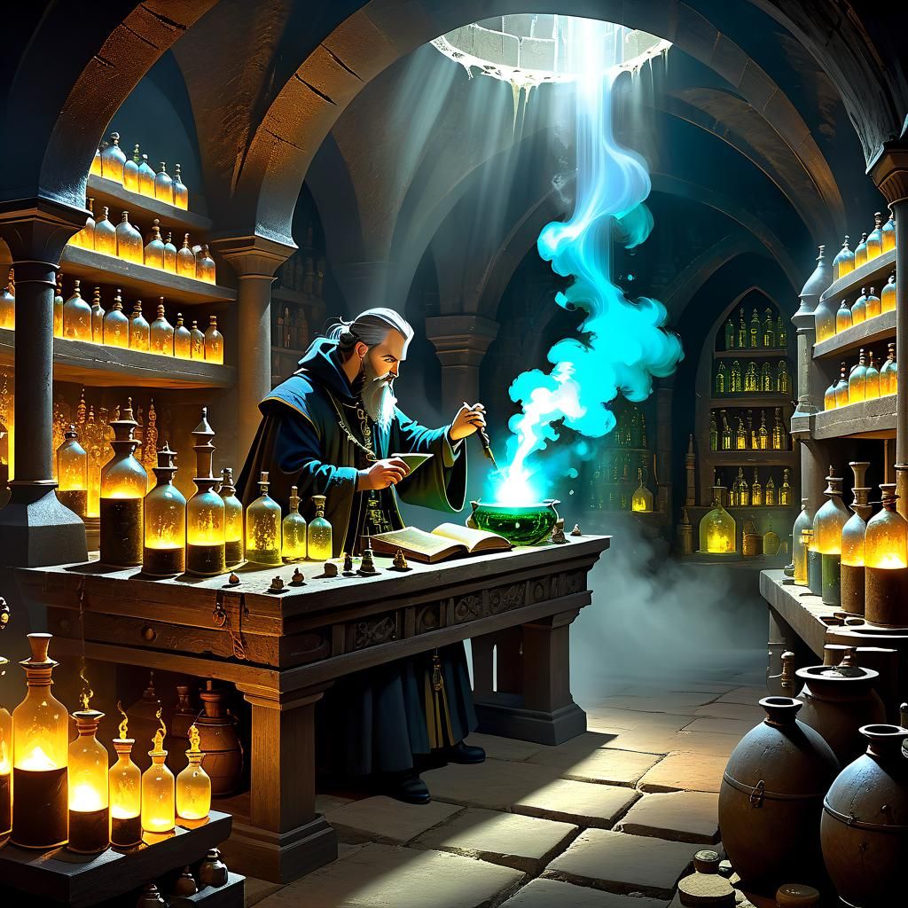 Imaginative depiction of an alchemist at work in a hidden me...