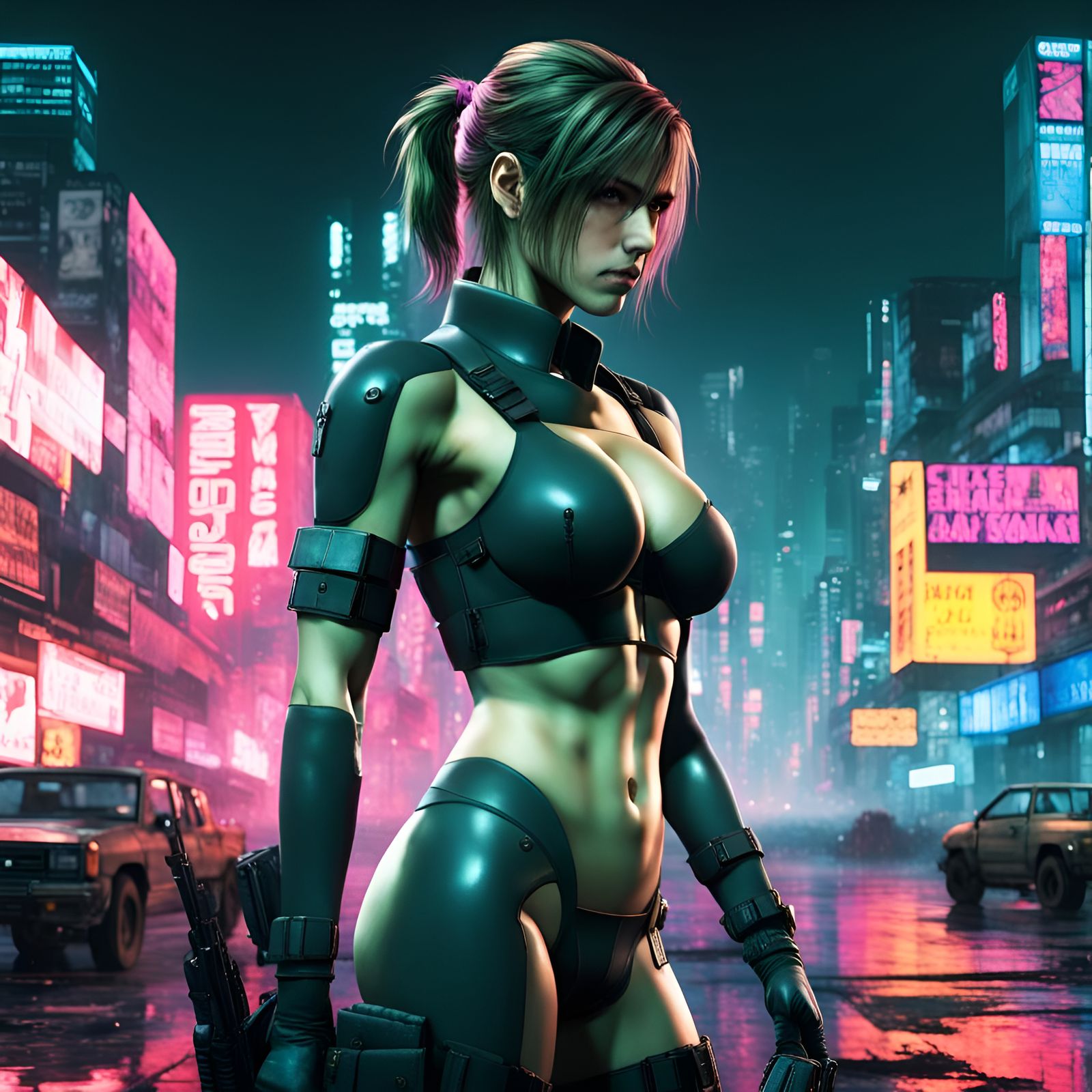 Quiet from Metal Gear solid against a cyperpunk neon colored...