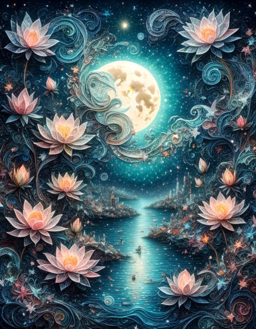 A swirling lotus pond, starry sky, shining moon, detailed, <lora:Moonlit lines:1.0> ethereal, fantasy, sharp, sharp focus