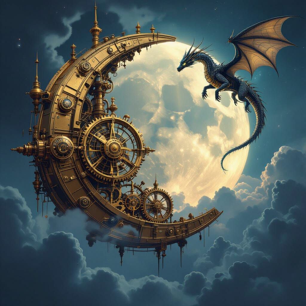 steampunk moon, with intricate clockwork machinery with glowing clouds behind it crystal dragon flying in the dark stormy skies to right 