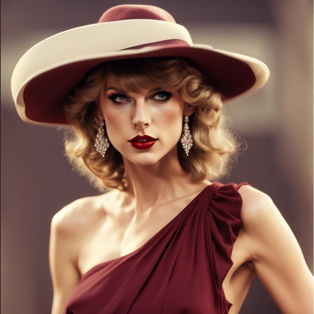 Taylor Swift 1980s burgundy dress and hat head and shoulders Pino Daeni ...