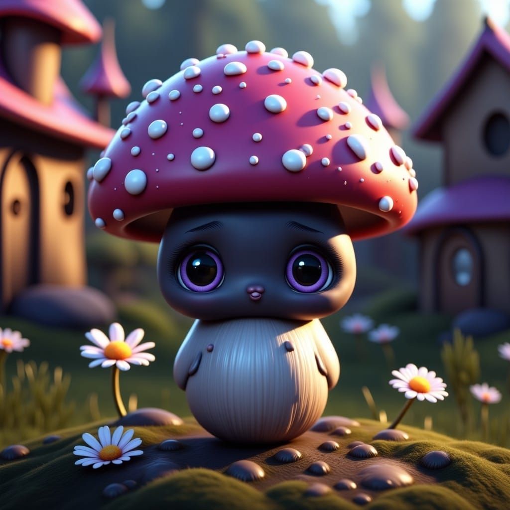 <lora:Flux Cute Big Eyes:1.0> Realistic Adorable anthropomorphic mushroom, big round eyes, purple black, white dots, endearing, intricate, a...