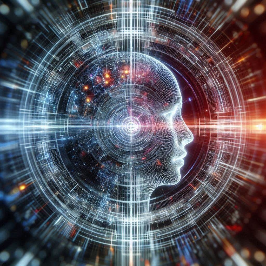 This image shows a futuristic, digital representation of the intersection of artificial intelligence and reality, blurri...