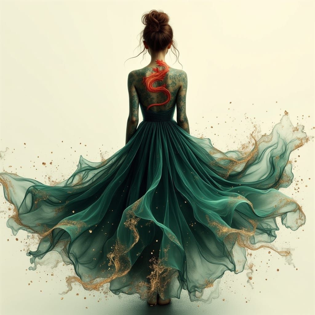 Woman with Dragon Tattoo and Dissipating Dress in Fog