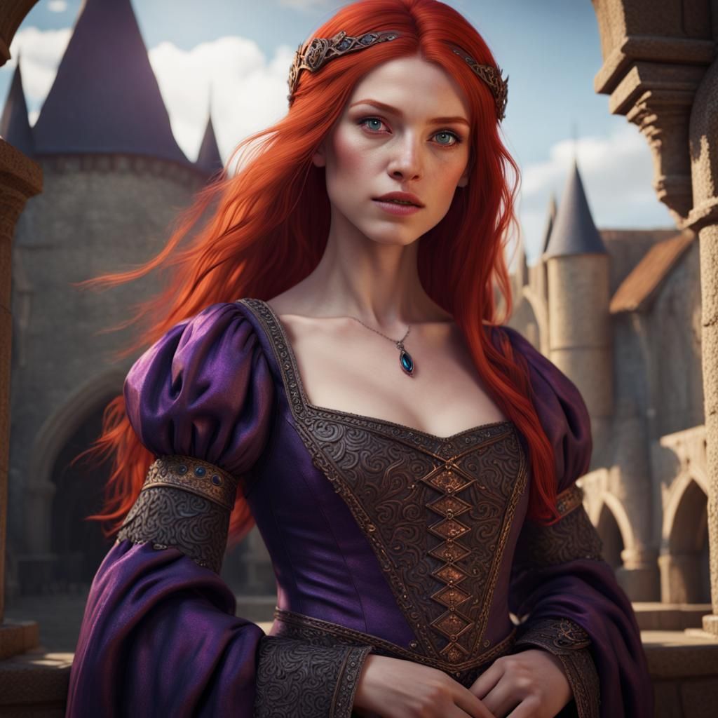girl with red hair, purple eyes, baremidriff, in a medieval gown - AI ...