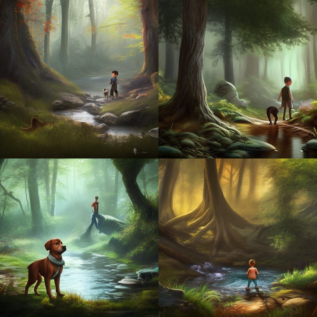 Boy in the woods next to dog and a stream